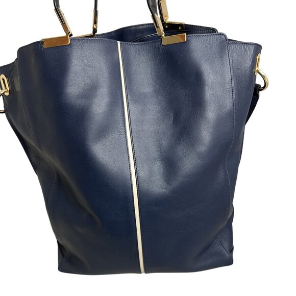 Times Arrow Large Navy Blue Leather Tote Bag Gold Hardware /White Accent - Picture 3 of 9